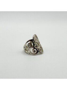 925 Sterling Silver Filigree Swirl Wide Band Ring With CZ Accents Size 7.5
